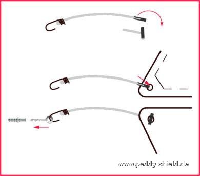 {{ txt_montage }} - Kit de fixation pour voile d'ombrage triangulaire avec 3 cordes lastiques